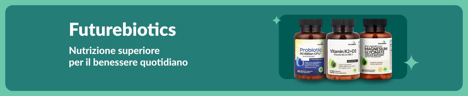 Banner Futurebiotics che presenta integratori probiotici, vitamina K2+D3 e magnesio per promuovere un'alimentazione quotidiana avanzata e il benessere.