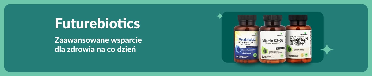 Baner Futurebiotics prezentujący suplementy, takie jak probiotyki, witamina K2+D3 i magnez, promujący codzienne odżywianie i dobre samopoczucie.