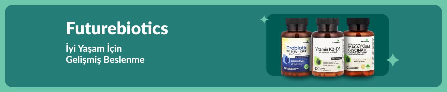 Gelişmiş günlük beslenme ve sağlığı destekleyen Probiyotik, Vitamin K2+D3 ve Magnezyum takviyelerini öne çıkaran Futurebiotics banner