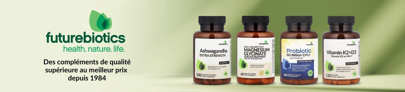 Présentation des compléments Futurebiotics avec quatre bouteilles et le slogan de la marque promouvant les produits de santé depuis 1984.