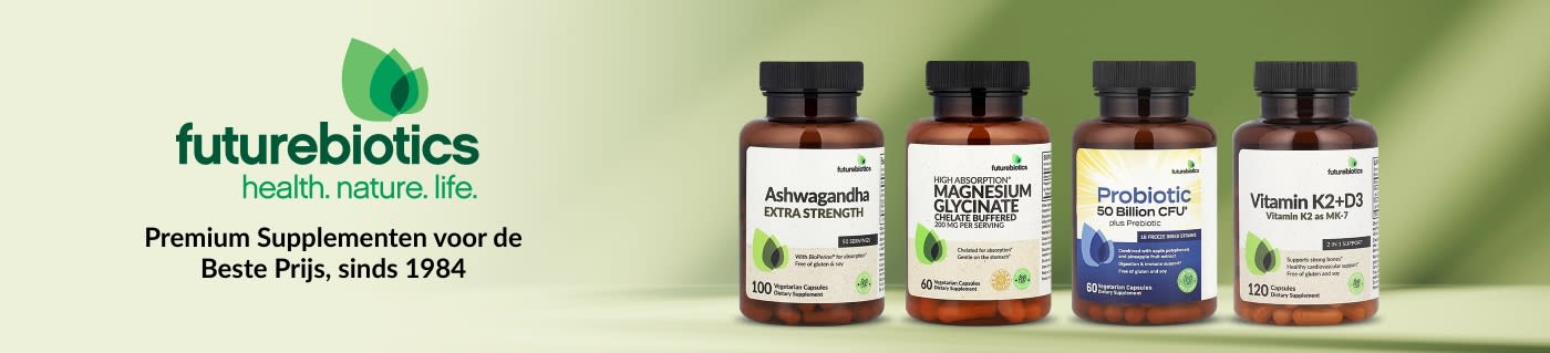 Futurebiotics supplementen banner met vier flessen en merkslogan ter promotie van gezondheidsproducten sinds 1984.