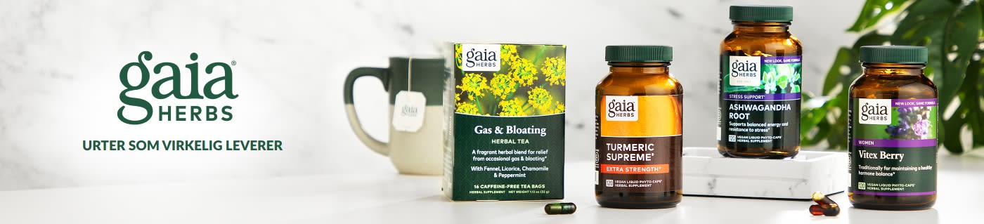 Gaia Herbs-banner med urtetilskudd som gurkemeie, ashwagandha-rot, vitex-bær og te for gass og oppblåsthet.