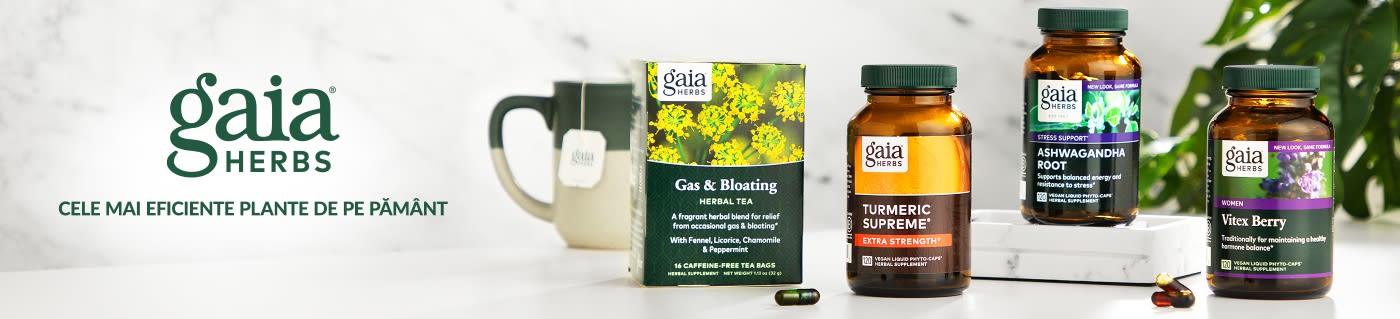 Gaia Herbs banner featuring herbal supplements like Turmeric Supreme, Ashwagandha Root, Vitex Berry, and Gas & Bloating tea.
