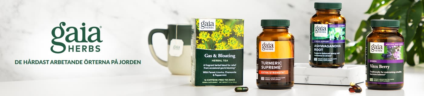 Gaia Herbs-banner med örttillskott som Turmeric Supreme, Ashwagandha-rot, Vitexbär och te för gas och uppblåsthet.