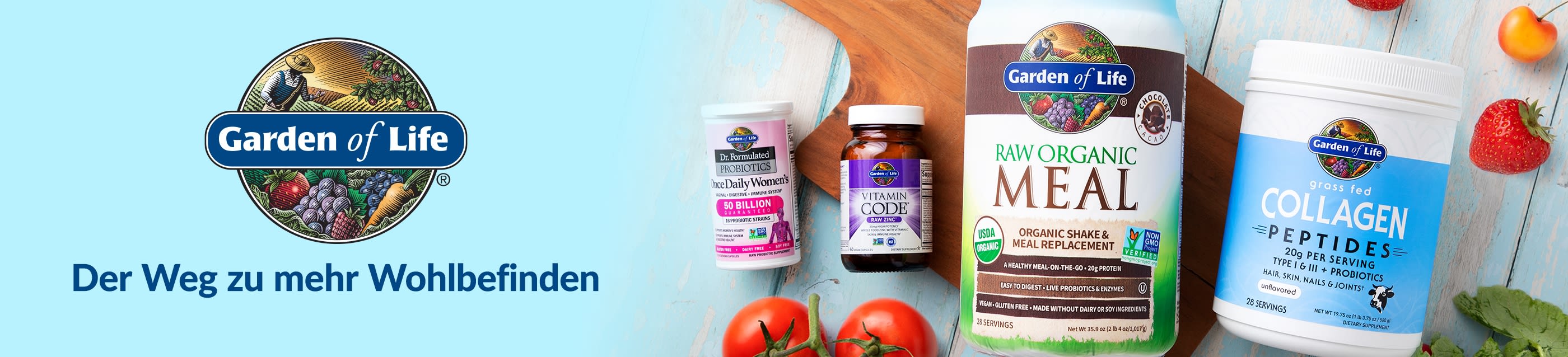 Garden of Life banner featuring probiotics, vitamins, organic meal shake, and collagen powder with slogan “Empowering Extraordinary Health.