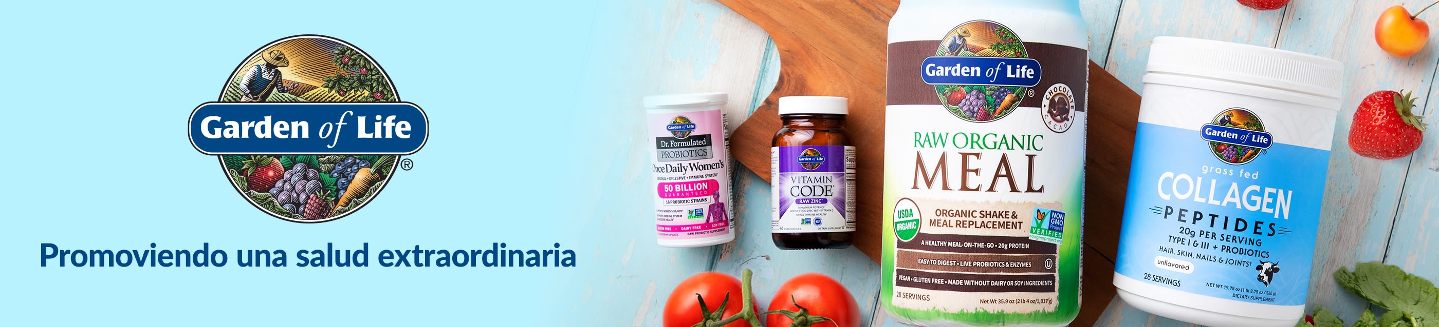 Garden of Life banner featuring probiotics, vitamins, organic meal shake, and collagen powder with slogan “Empowering Extraordinary Health.