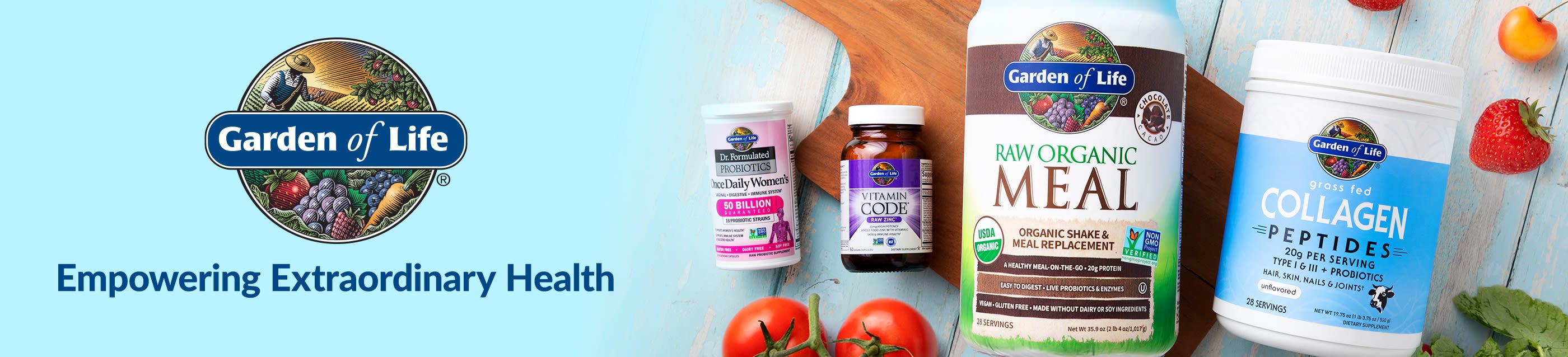 Garden of Life banner featuring probiotics, vitamins, organic meal shake, and collagen powder with slogan “Empowering Extraordinary Health.