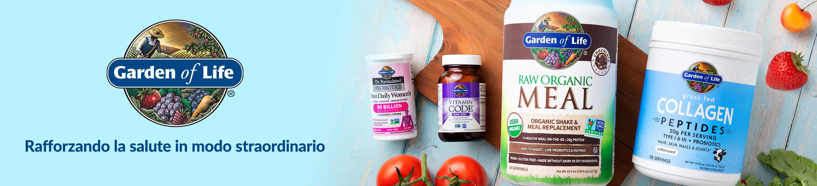 Garden of Life banner featuring probiotics, vitamins, organic meal shake, and collagen powder with slogan “Empowering Extraordinary Health.