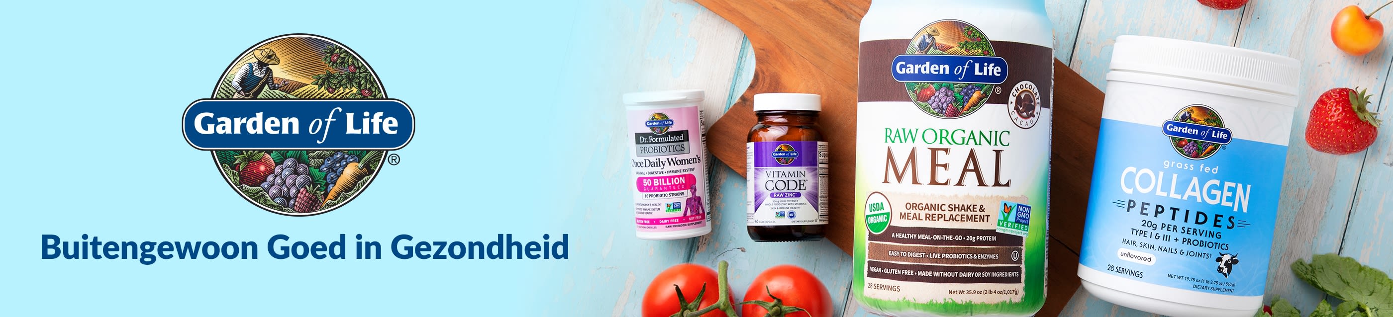 Banner van Garden of Life met probiotica, vitamines, biologische maaltijdshake en collageenpoeder met de slogan “Buitengewoon Goed in Gezondheid”.