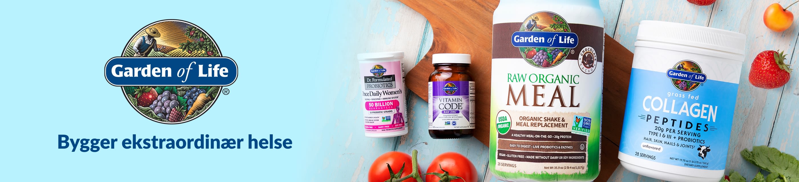 Garden of Life-banner med probiotika, vitaminer, økologisk måltidsshake og kollagenpulver med slagordet «Bygger ekstraordinær helse».