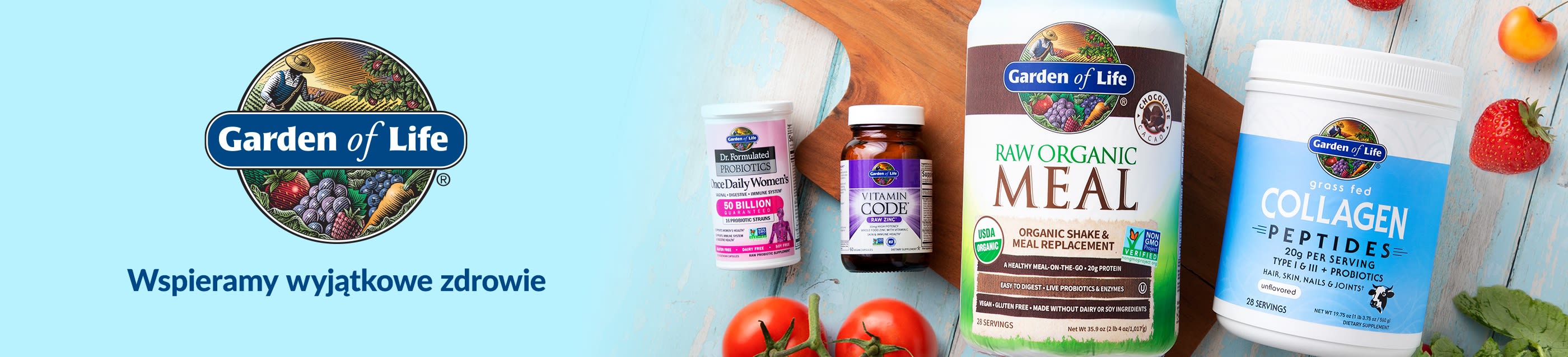 Garden of Life banner featuring probiotics, vitamins, organic meal shake, and collagen powder with slogan “Empowering Extraordinary Health.