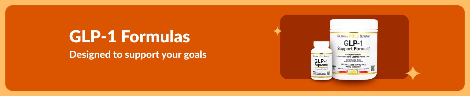 Banner promoting GLP-1 formulas, showing supplement containers and message about supporting wellness and weight management goals.