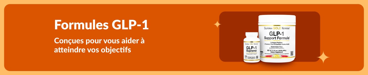 Bannière faisant la promotion des formules GLP-1, montrant des boîtes de compléments alimentaires et un message sur le soutien aux objectifs de bien-être et de gestion du poids.