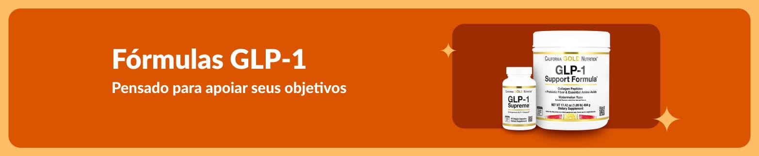 Banner que promove fórmulas GLP-1, com imagens de suplementos e mensagem sobre apoio ao bem-estar e aos objetivos de controle de peso.