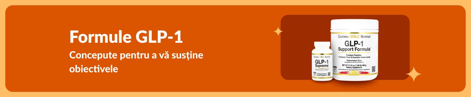 Banner cu formule GLP-1, cu suplimente și mesaj despre susținerea bunăstării și gestionarea greutății.