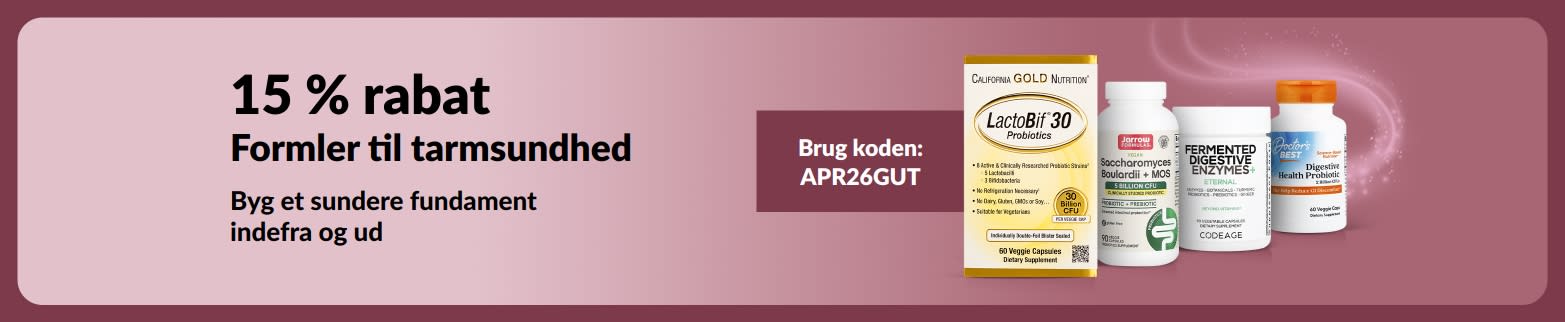 Banner med 15 % rabat på produkter til tarmsundhed med koden APR26GUT, inklusive kosttilskud.