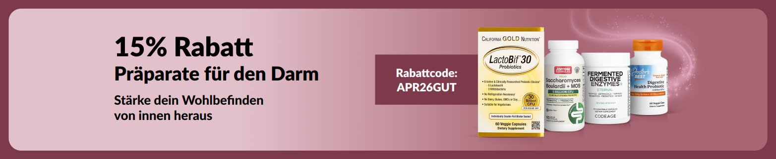 Banner, das mit dem Code APR26GUT 15% Rabatt auf Produkte für die Darmgesundheit wirbt, mit Produktabbildungen.