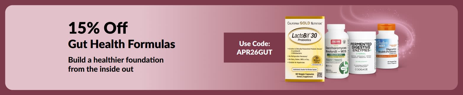 Banner promoting 15% off gut health formulas with code APR26GUT, featuring products.