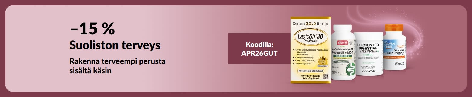 Banneri, joka tarjoaa –15 % suoliston terveyttä tukevista valmisteista koodilla APR26GUT. Kuvassa tuotteita.