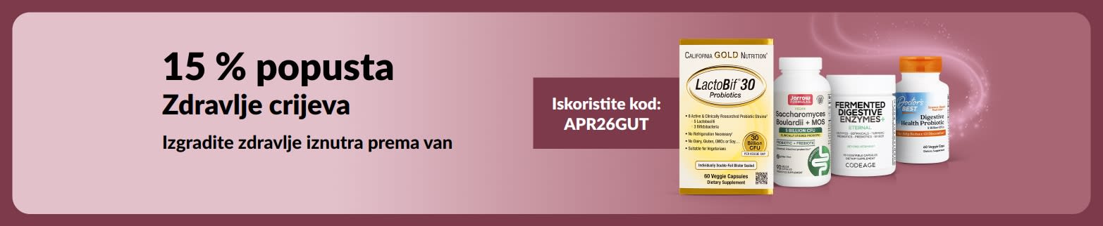 Reklamni natpis koji promovira 15 % popusta na formule za zdravlje crijeva uz kod APR26GUT, s prikazom proizvoda.