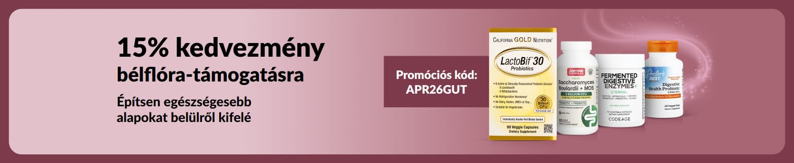 Az APR26GUT kóddal a bélflórát támogató készítményekre15% kedvezményt kínáló banner, amely különböző termékeket ábrázol.