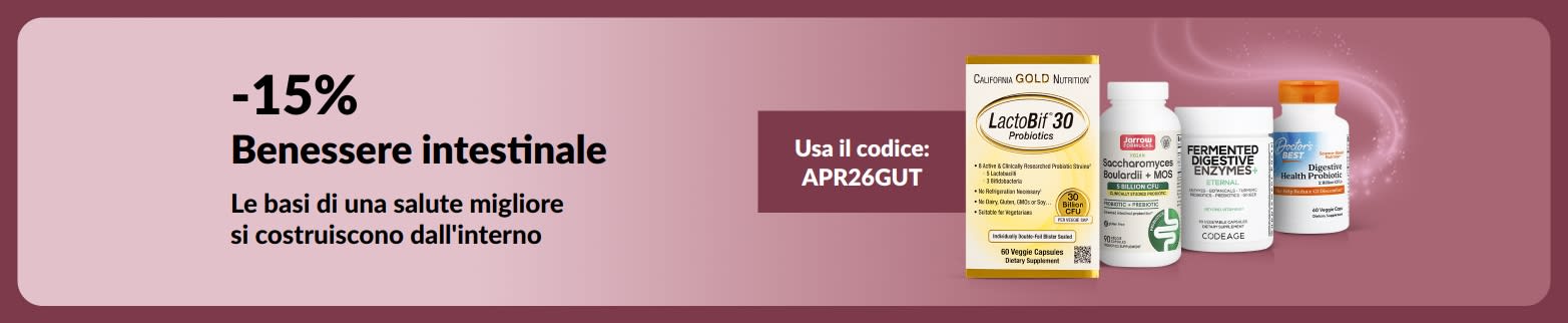 Banner promozionale con sconto del 15% sulle formule per la salute intestinale con il codice APR26GUT, con prodotti in evidenza.