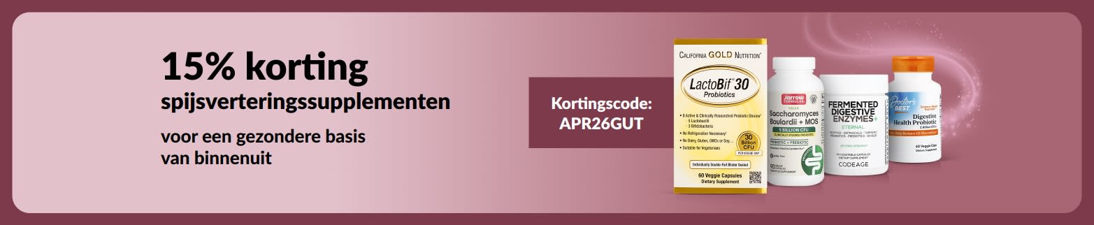 Banner met reclame voor 15% korting op producten voor een gezonde darmflora met code APR26GUT.