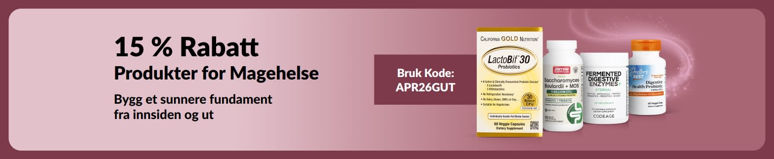 Banner som promoterer 15 % rabatt på produkter for magehelse med koden APR26GUT, med produktvisning.