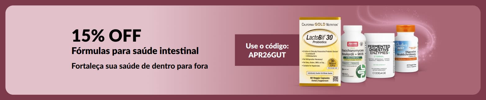 Banner promocional oferecendo 15% OFF em fórmulas para saúde intestinal com o código APR26GUT, destacando produtos.