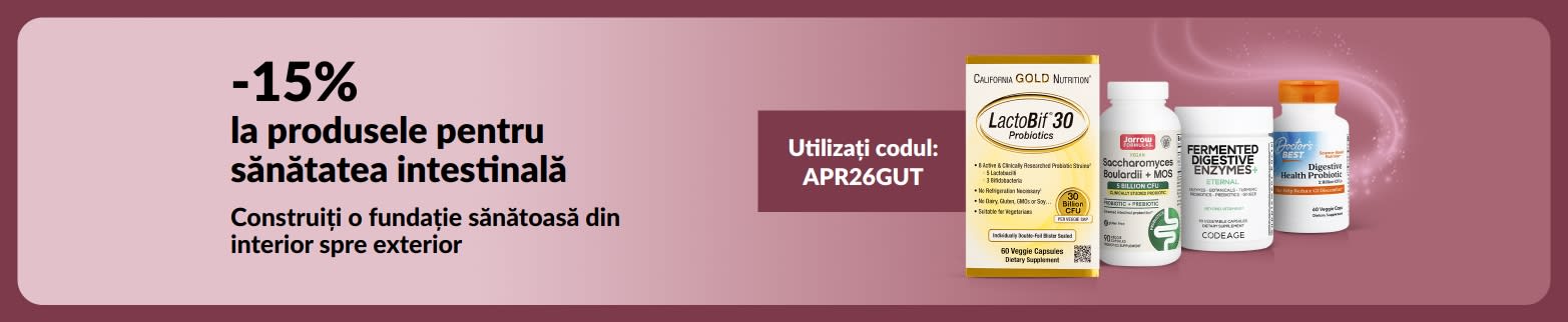 Banner cu formule pentru sănătatea intestinală cu 15% reducere cu codul APR26GUT și diverse produse.