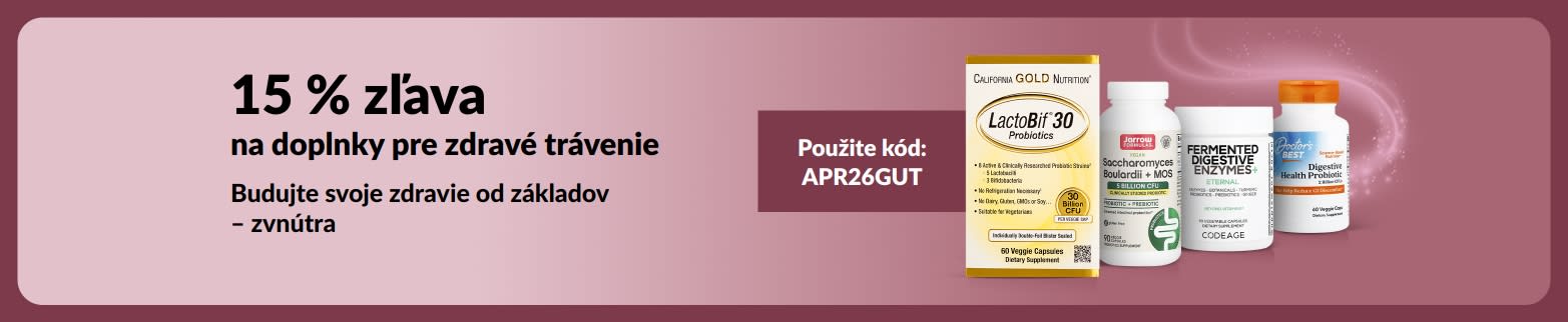 Baner propagujúci 15 % zľavu na doplnky pre zdravé trávenie s kódom APR26GUT, zobrazujúci produkty.