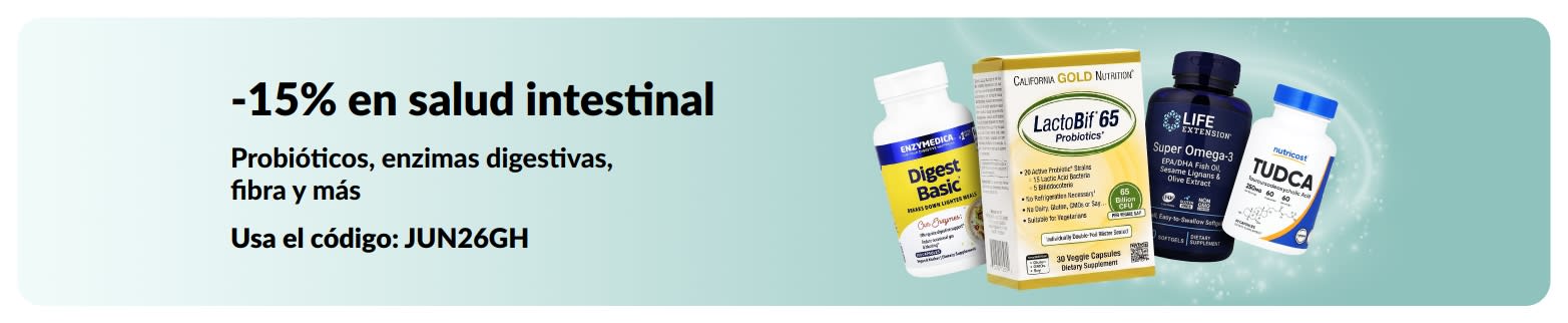 Banner de 15% de descuento en productos para la salud intestinal promocionando suplementos.