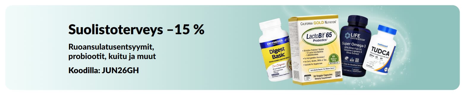 Mainosbanneri, joka tarjoaa –15 % suolistoterveyttä tukevista tuotteista. Kuvassa lisäravinteita.