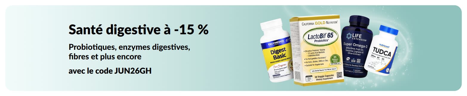 Bannière promotionnelle avec 15 % de réduction sur les produits pour la santé digestive.