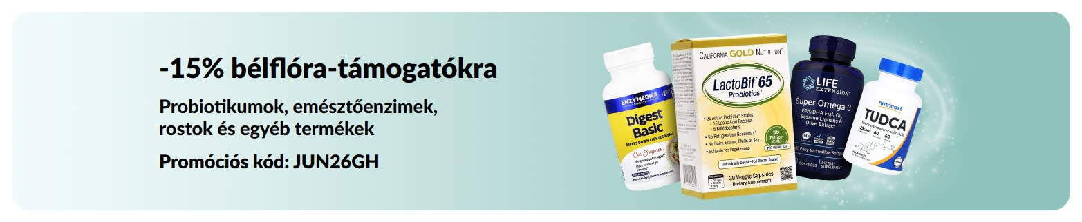A bélrendszer egészségét támogató étrend-kiegészítőkre 15% kedvezményt hirdető banner.
