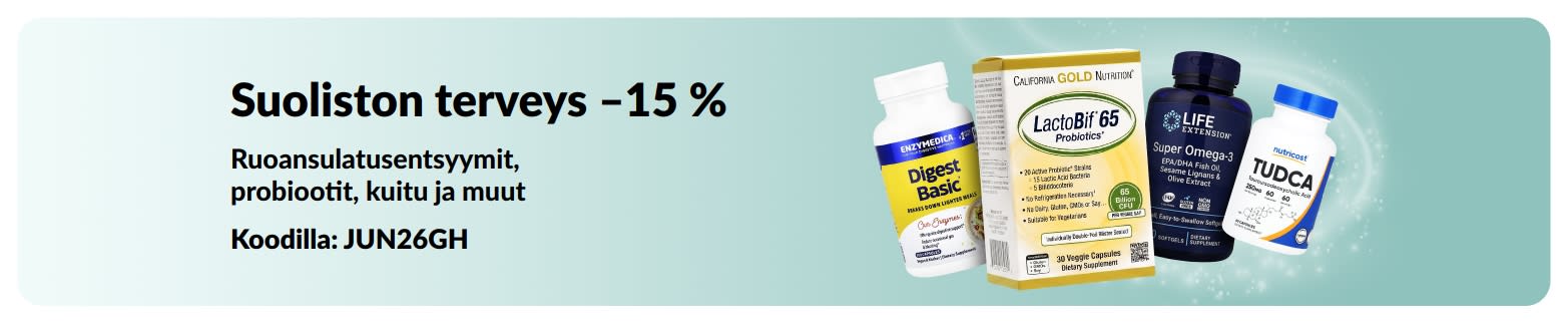 Mainosbanneri, joka tarjoaa –15 % suoliston terveyttä tukevista tuotteista. Kuvassa lisäravinteita.