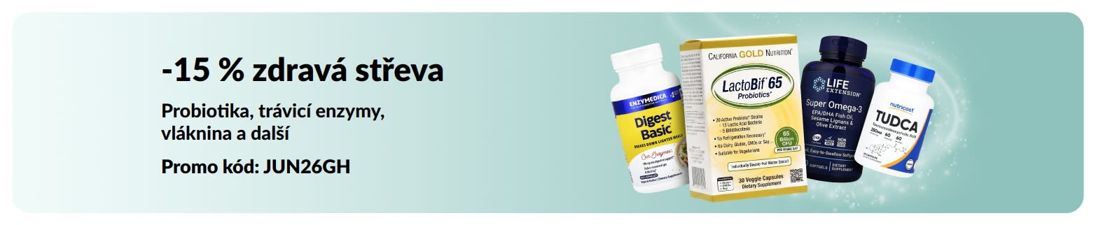 Propagační banner s doplňky stravy nabízející 15% slevu na produkty pro podporu zdravého zažívání.