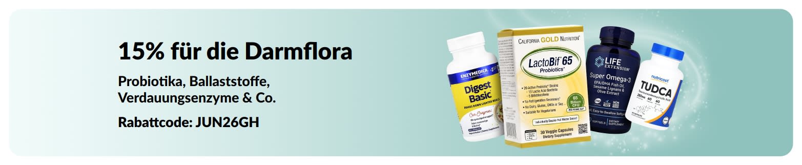 Werbe-Banner mit 15% Rabatt auf Produkte für die Darmflora wie Nahrungsergänzungsmittel.