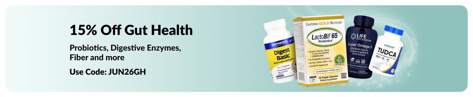 Promotional banner offering 15% off gut health products, featuring supplements.