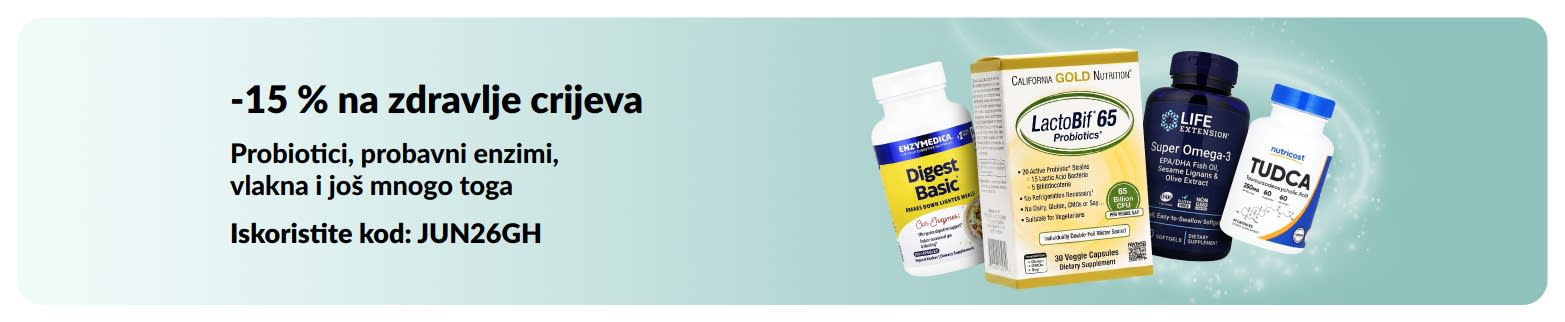 Promotivni reklamni natpis koji nudi 15 % popusta na proizvode za zdravlje crijeva, s prikazom dodataka prehrani.