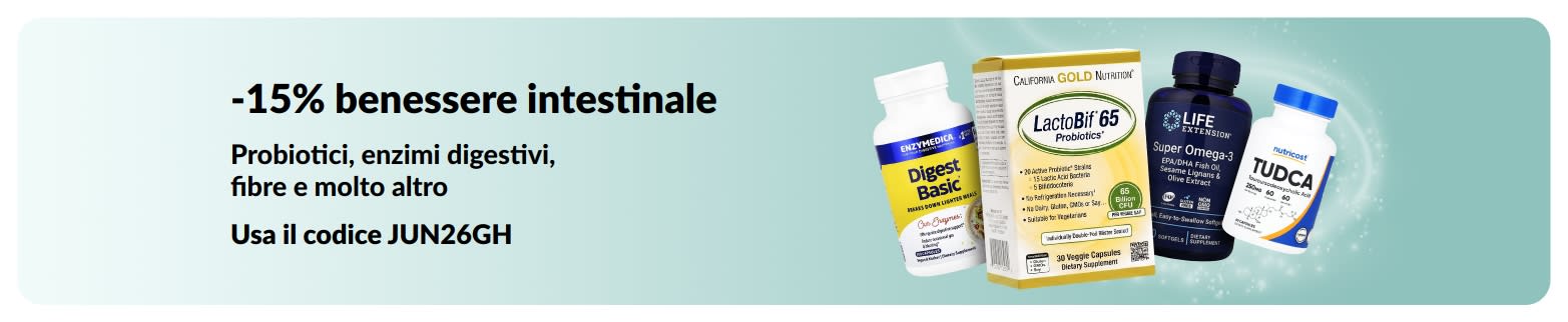 Banner promozionale che offre il 15% di sconto sui prodotti per il benessere intestinale, con integratori.