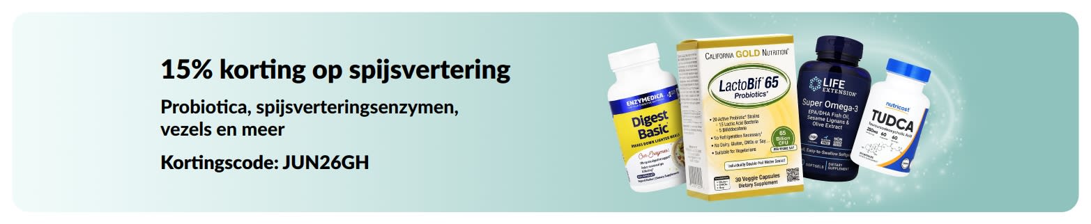 Promotiebanner met 15% korting op producten voor een gezonde darmflora, waaronder supplementen.