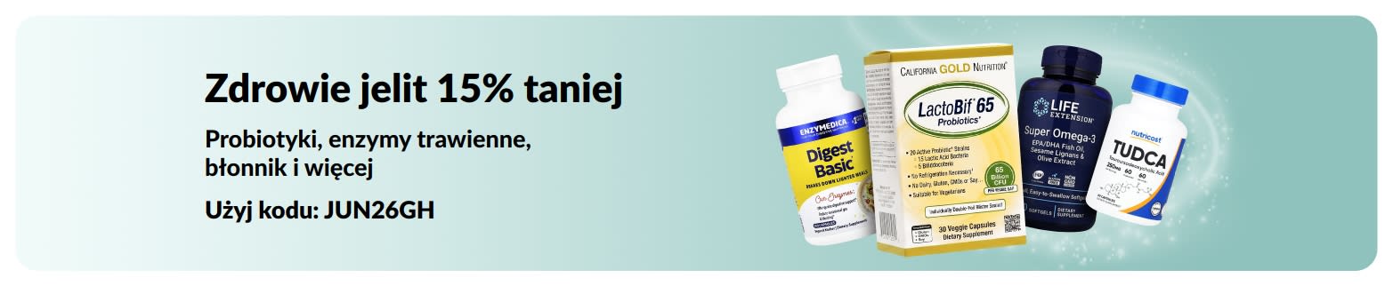 Baner promocyjny oferujący 15% zniżki na produkty na zdrowie jelit, przedstawiający suplementy.