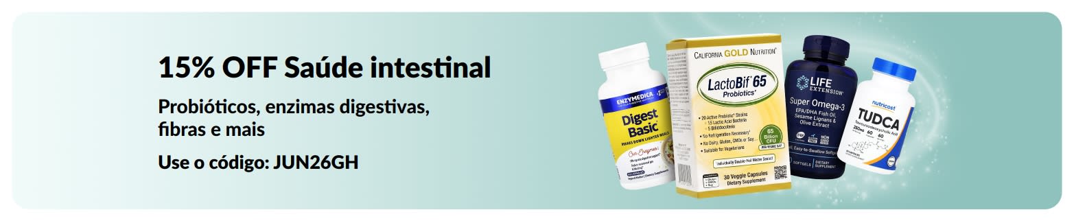 Banner promocional com 15% OFF em produtos para saúde intestinal, apresentando suplementos.