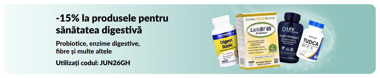 Banner promoțional cu 15% reducere la produsele pentru sănătatea digestivă, cu suplimente alimentare în prim-plan.