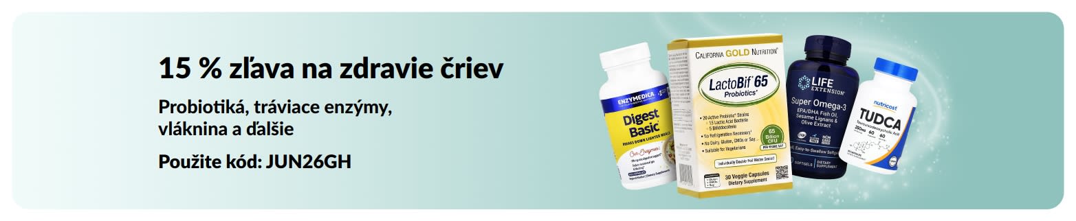 Propagačný baner obsahujúci výživové doplnky, ktorý ponúka 15 % zľavu na produkty na podporu zdravia čriev.