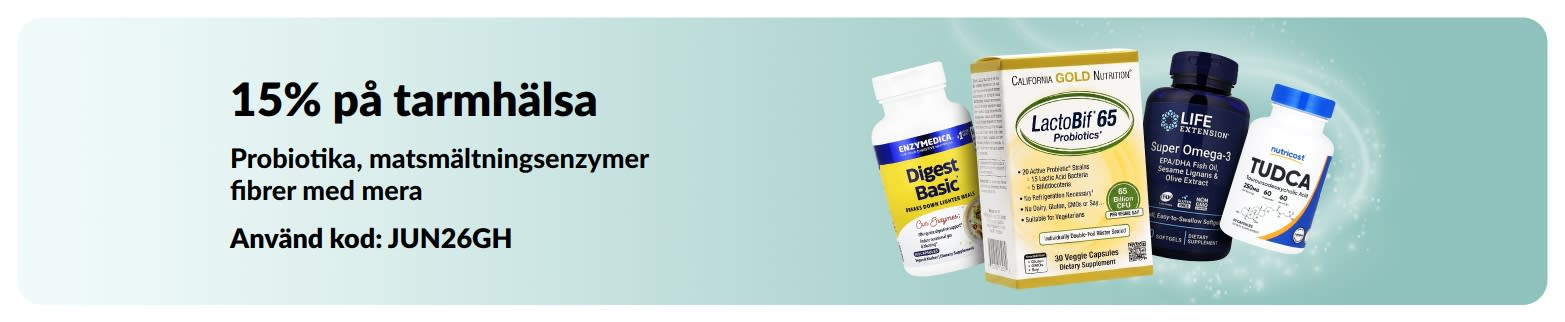 Marknadsföringsbanner som erbjuder 15% på produkter för tarmhälsa, med kosttillskott.