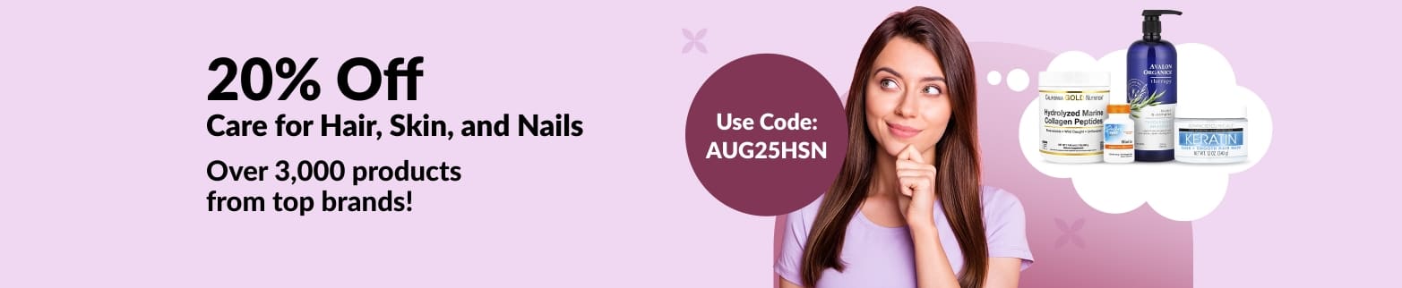 20% off hair, skin, and nail care products; use code AUG25HSN; over 3,000 items from top brands featured.