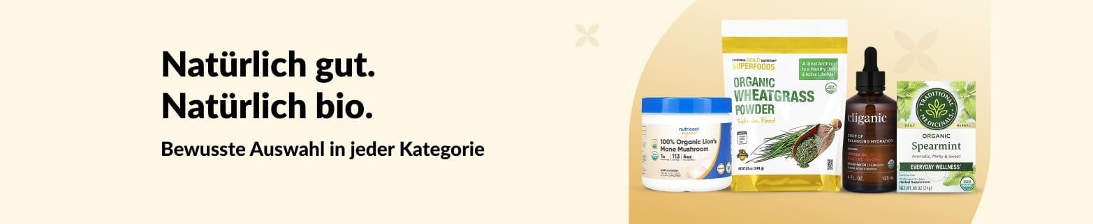 Banner mit Bio-Produkten und dem Slogan „Natürlich gut. Natürlich bio” für einen sauberen Lebensstil.