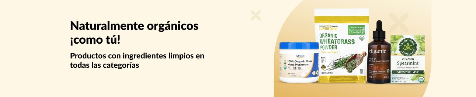 Banner con productos orgánicos para el bienestar con el eslogan 'Naturalmente orgánicos ¡como tú!' para un estilo de vida saludable.